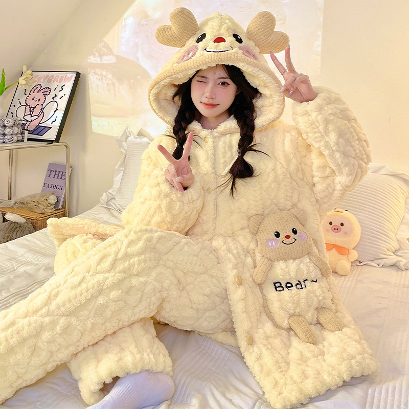 冬季女三层夹棉女童黄油小熊睡袍