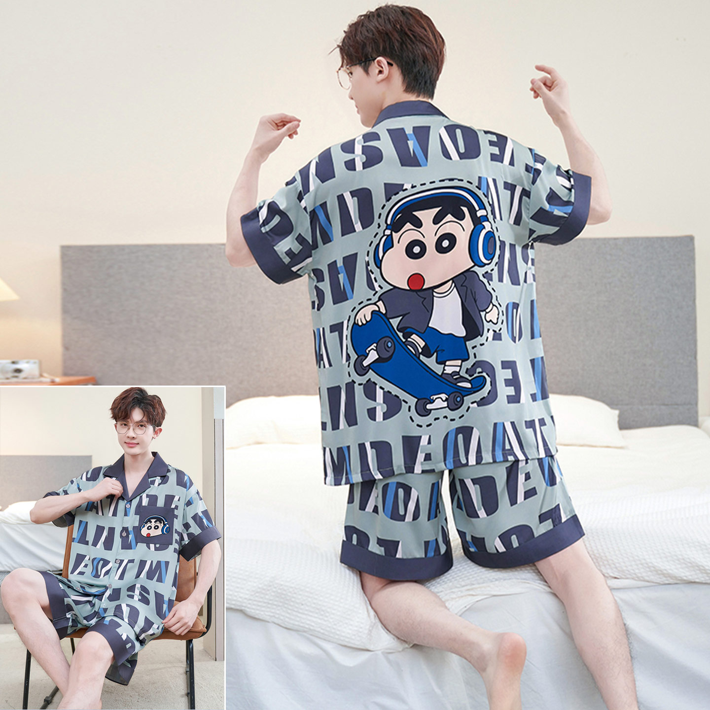 卡通夏季男款冰丝短袖学生家居服图片