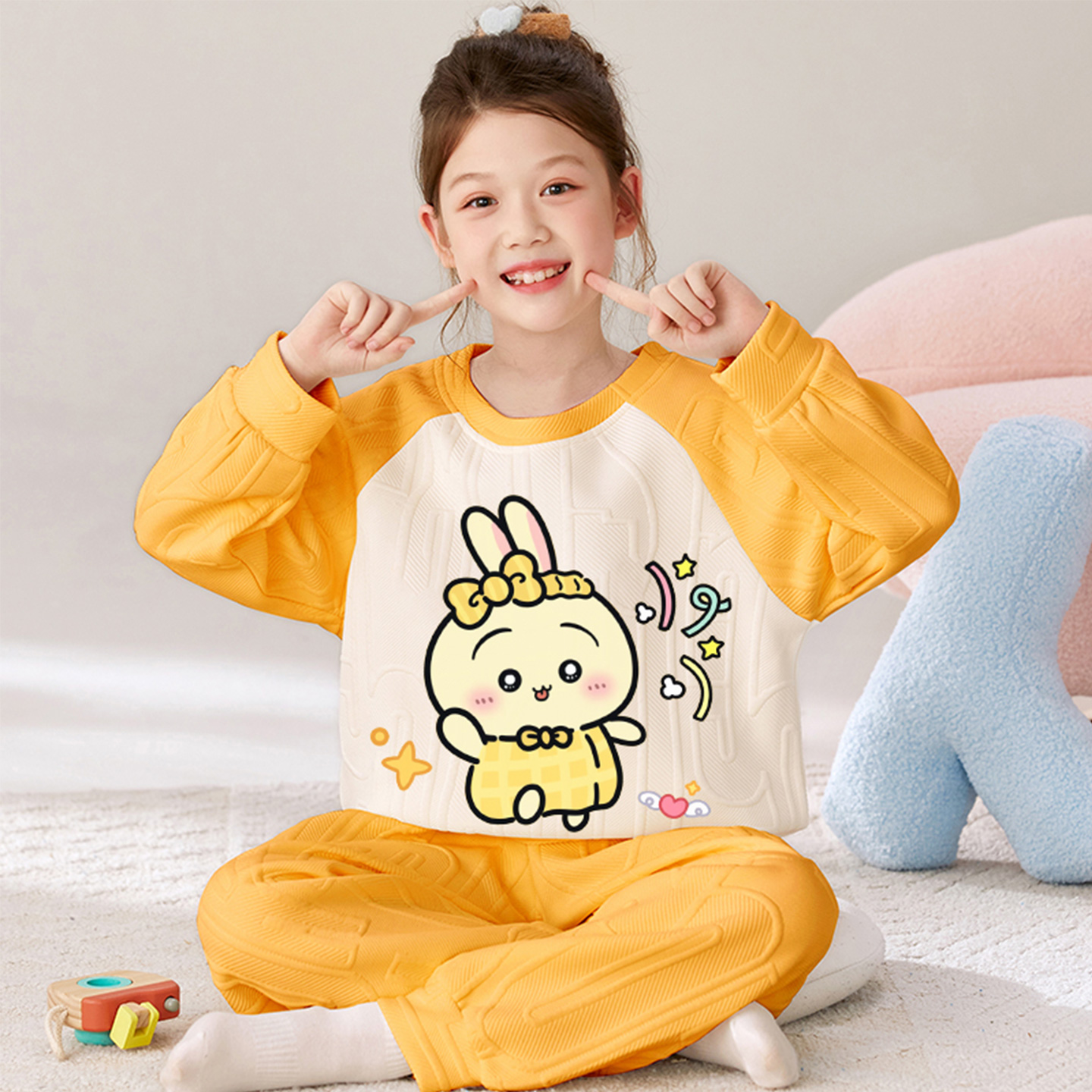 女童秋冬季夹层棉加厚家居服套装