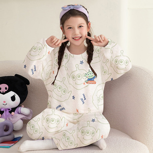 女童珊瑚绒睡衣秋冬儿童三眼仔女孩宝宝加厚保暖法兰绒家居服套装