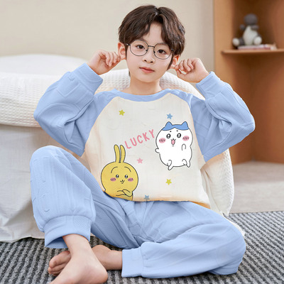 男童睡衣秋冬夹层空气棉小八套装