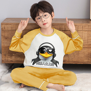 2025款男童睡衣春秋款纯棉长袖儿童男孩大童青少年家居服卡通企鹅