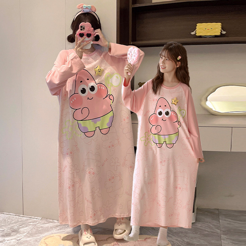 派大星亲子睡衣母女纯棉长袖睡裙
