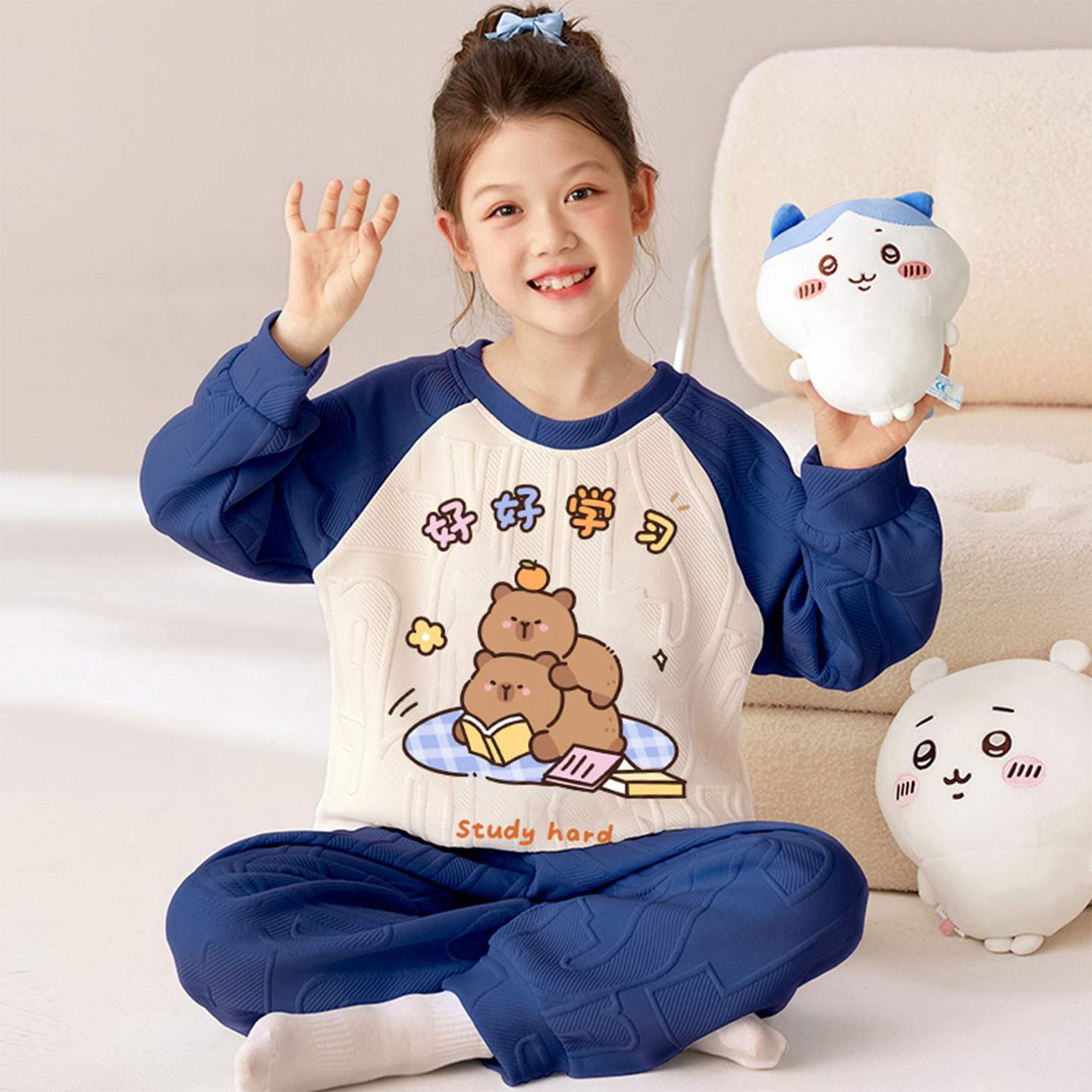秋冬季女童夹层棉加厚保暖家居服