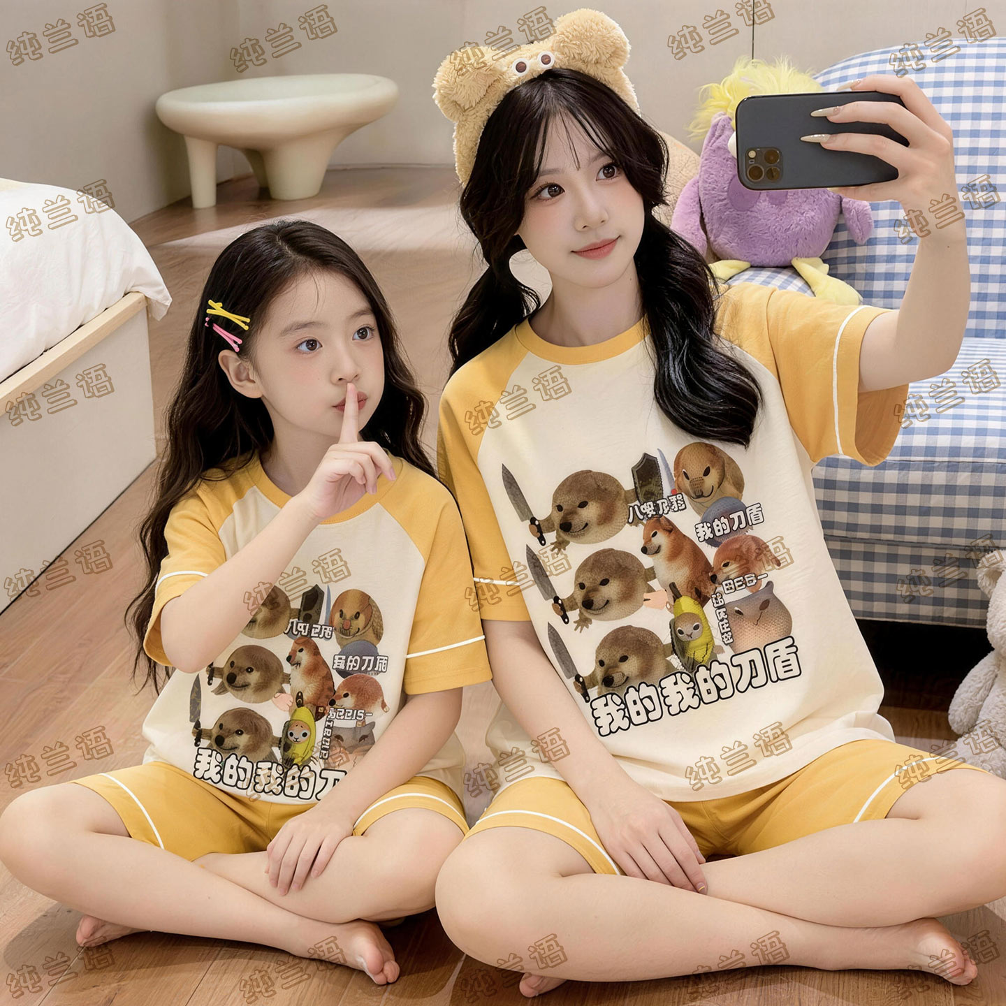 母女夏季纯棉短袖大童搞笑家居服