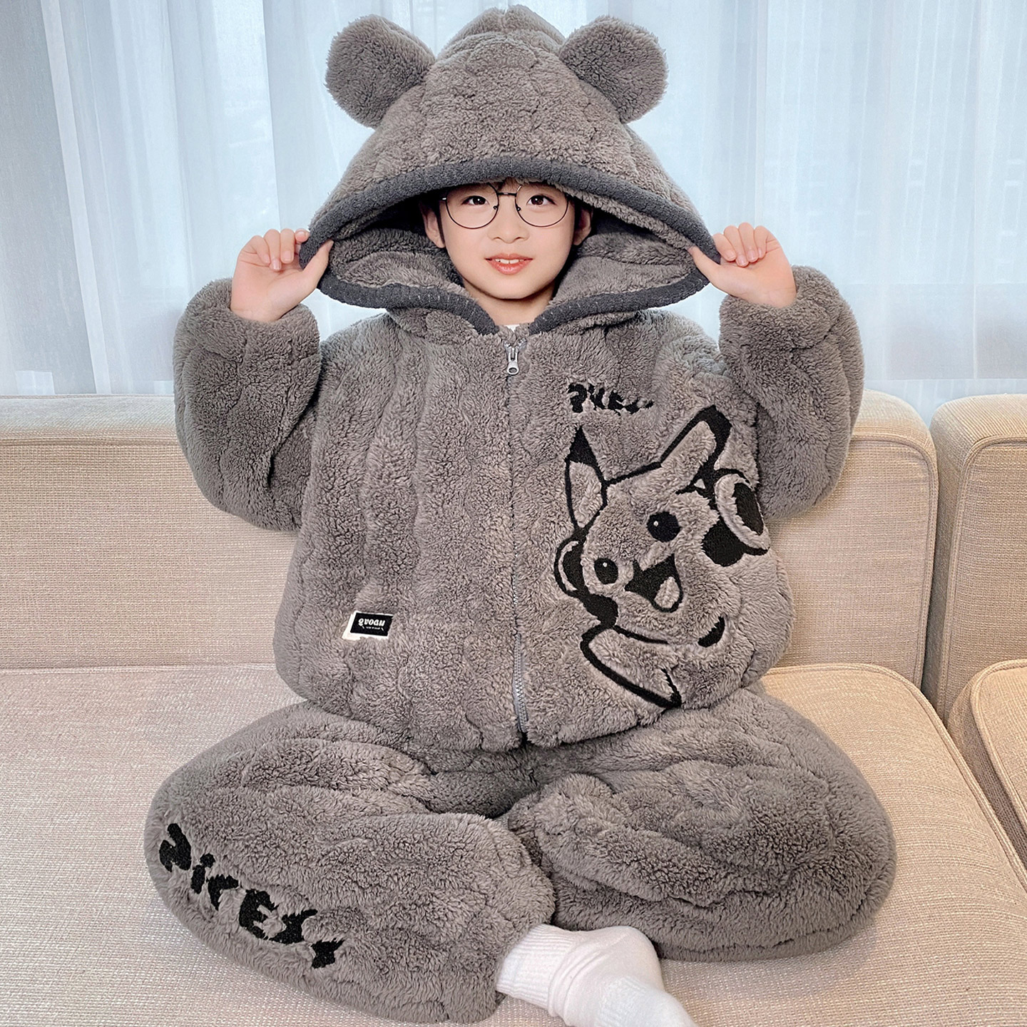 皮卡丘男童冬季三层夹棉家居服