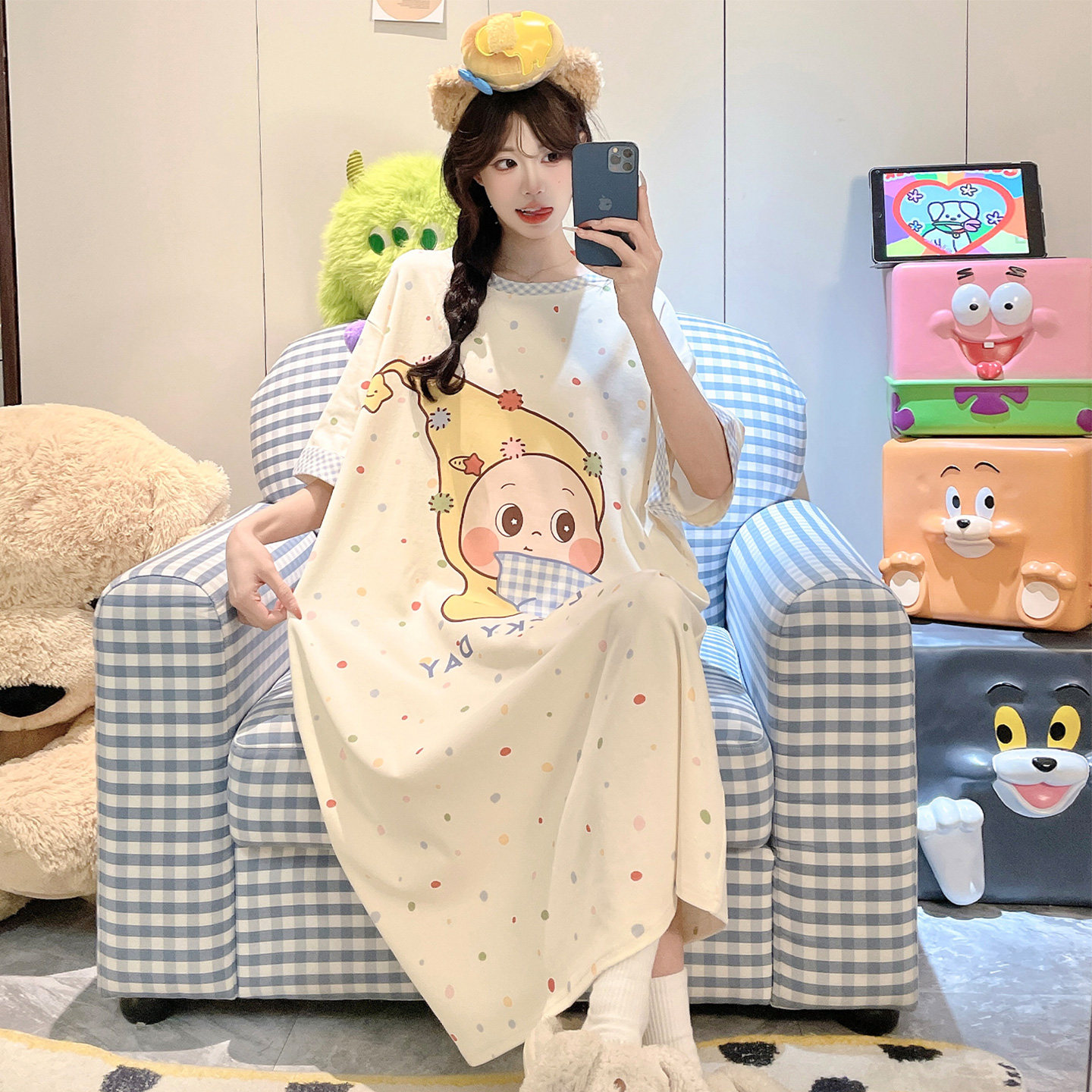 女夏季纯棉短袖星星人中长款睡裙