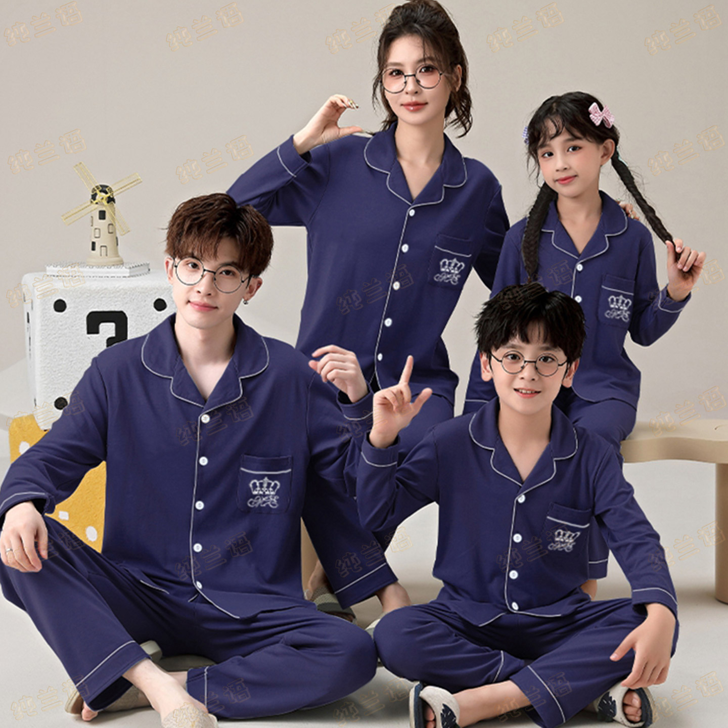 亲子睡衣长袖春秋季一家三口纯棉休闲母女母子开衫家庭套装家居服