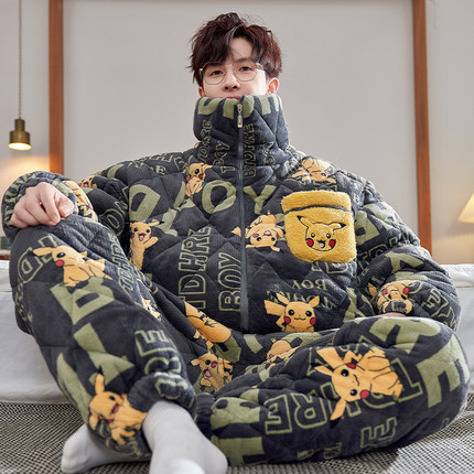 睡衣男冬季款珊瑚绒加厚加绒三层夹棉卡通青少年皮卡丘家居服套装