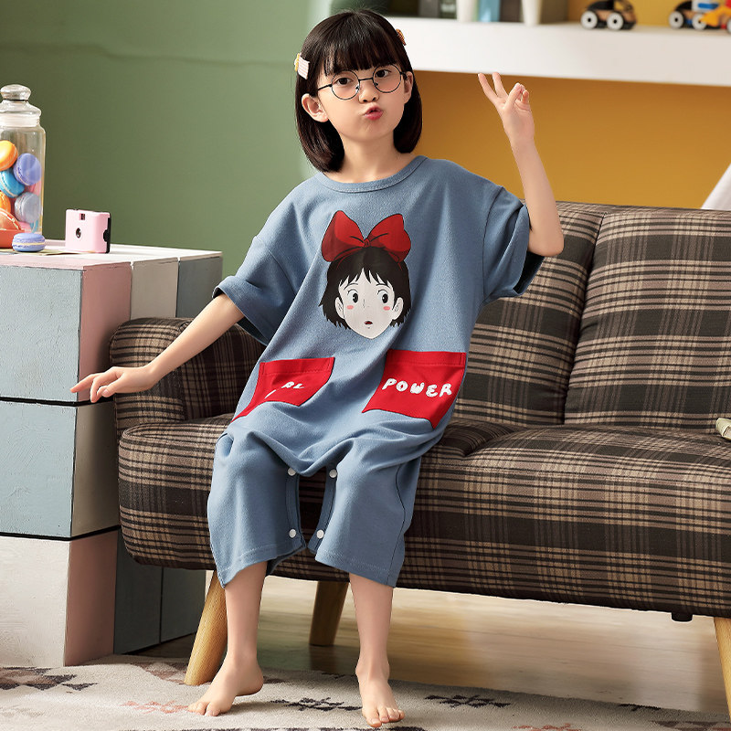女童睡裙夏季薄款纯棉短袖卡通可爱儿童连体睡衣女孩公主风家居服