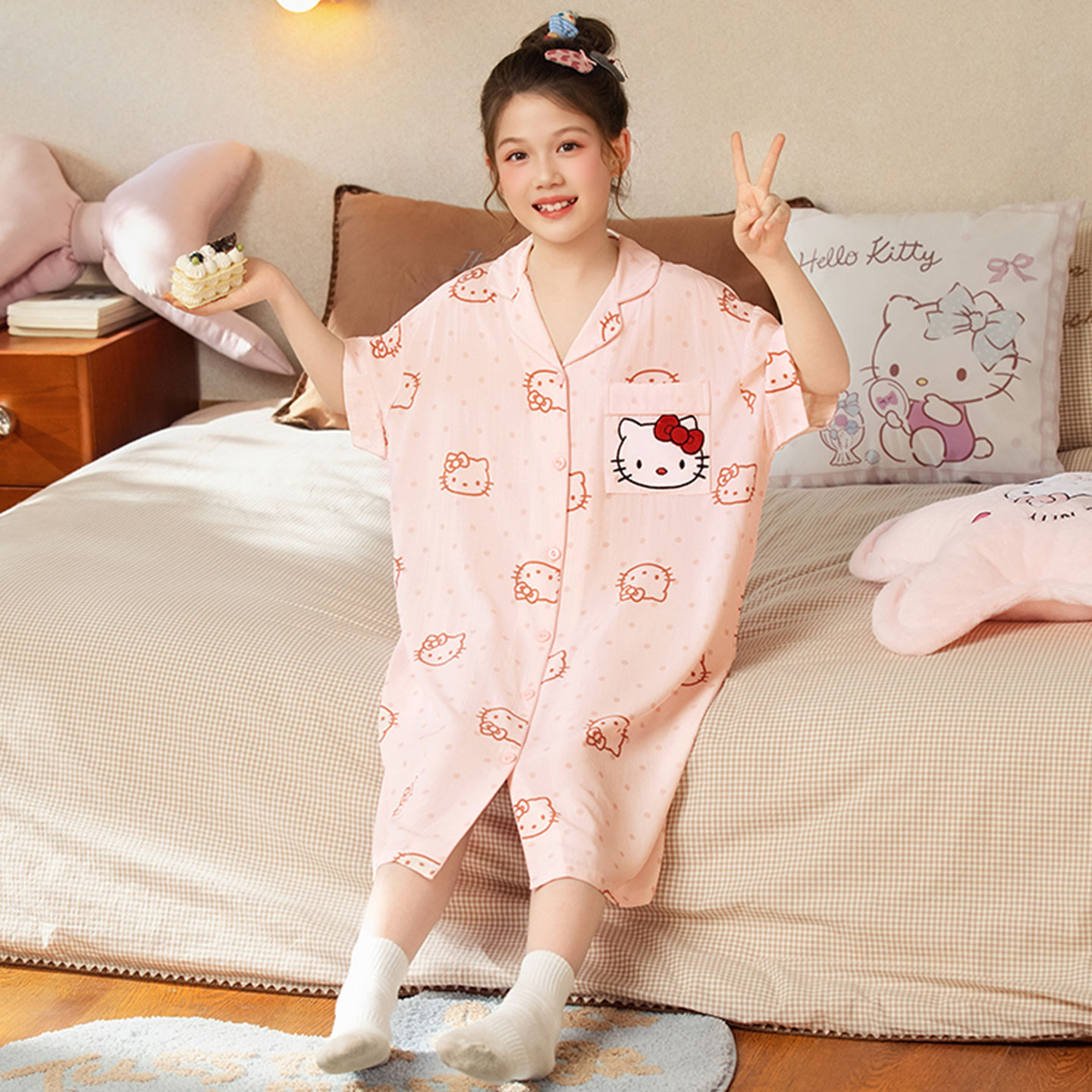 卡通女童莫代尔夏季短袖开衫睡裙