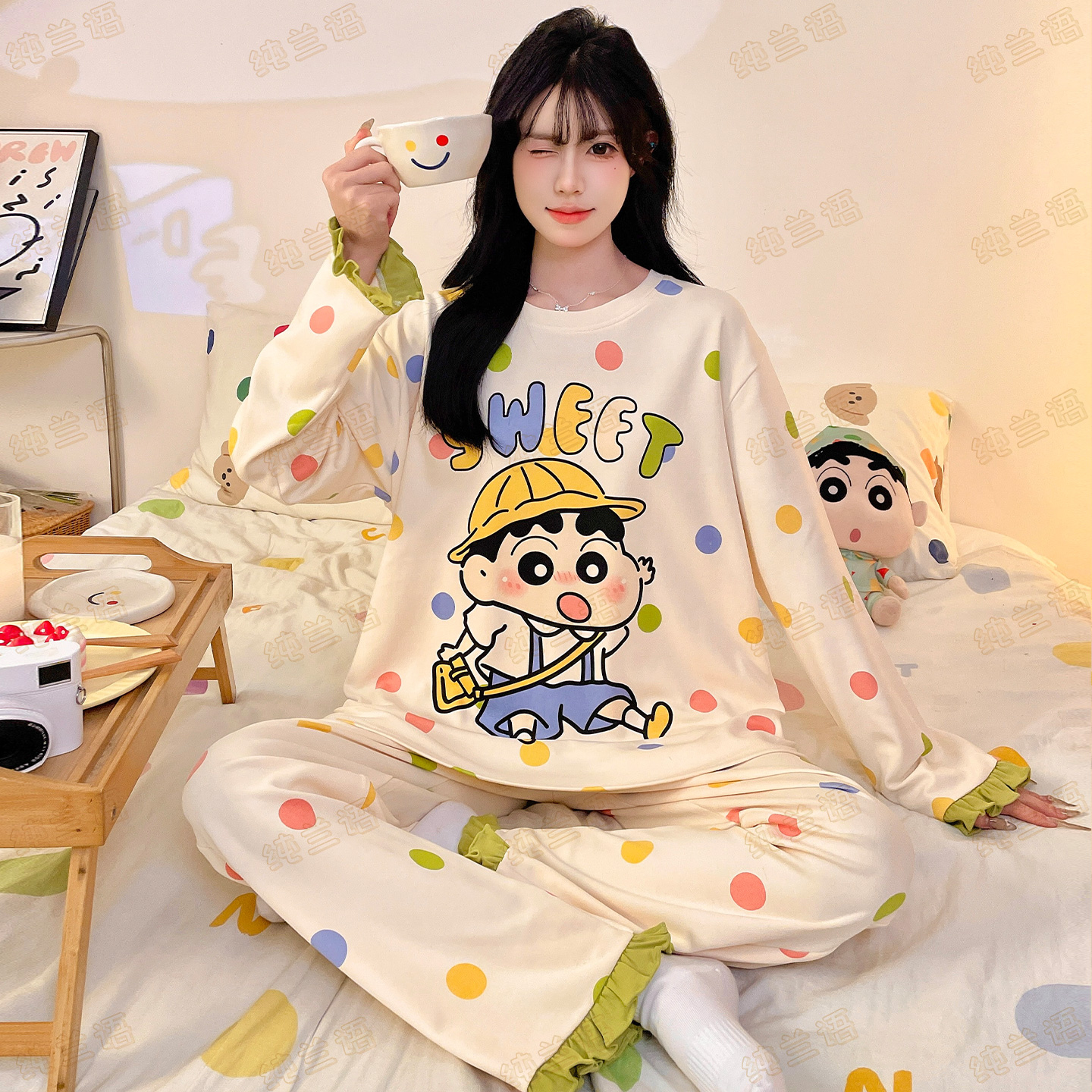 蜡笔小新纯棉睡衣女秋季长袖长裤