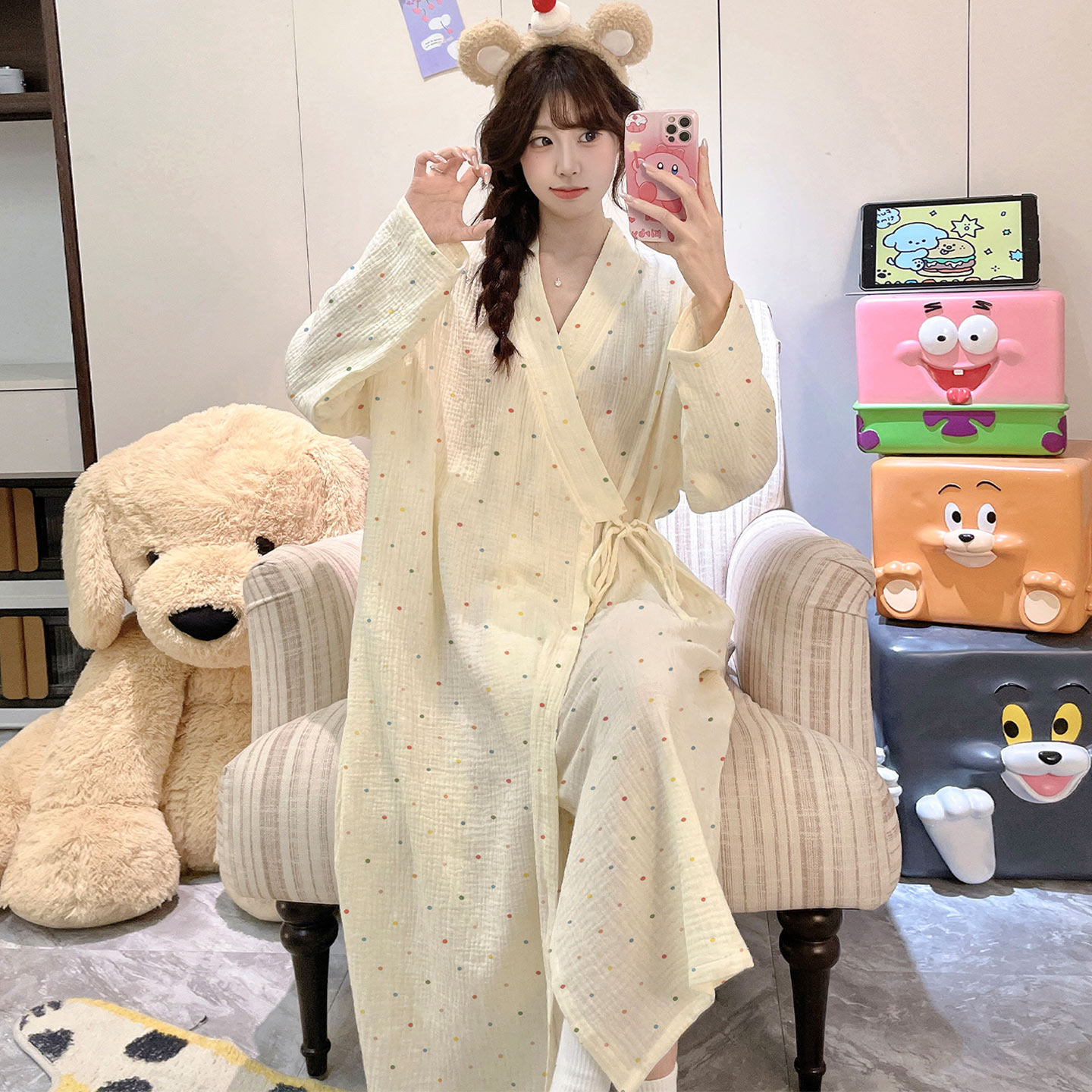 波点和服睡袍少女春秋季纯棉双层纱布薄款宽松长袖浴袍家居服睡衣