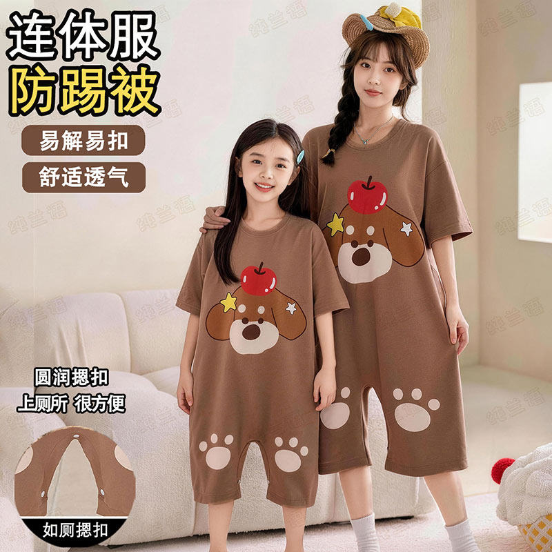 母女夏季纯棉短袖卡通防着凉睡衣