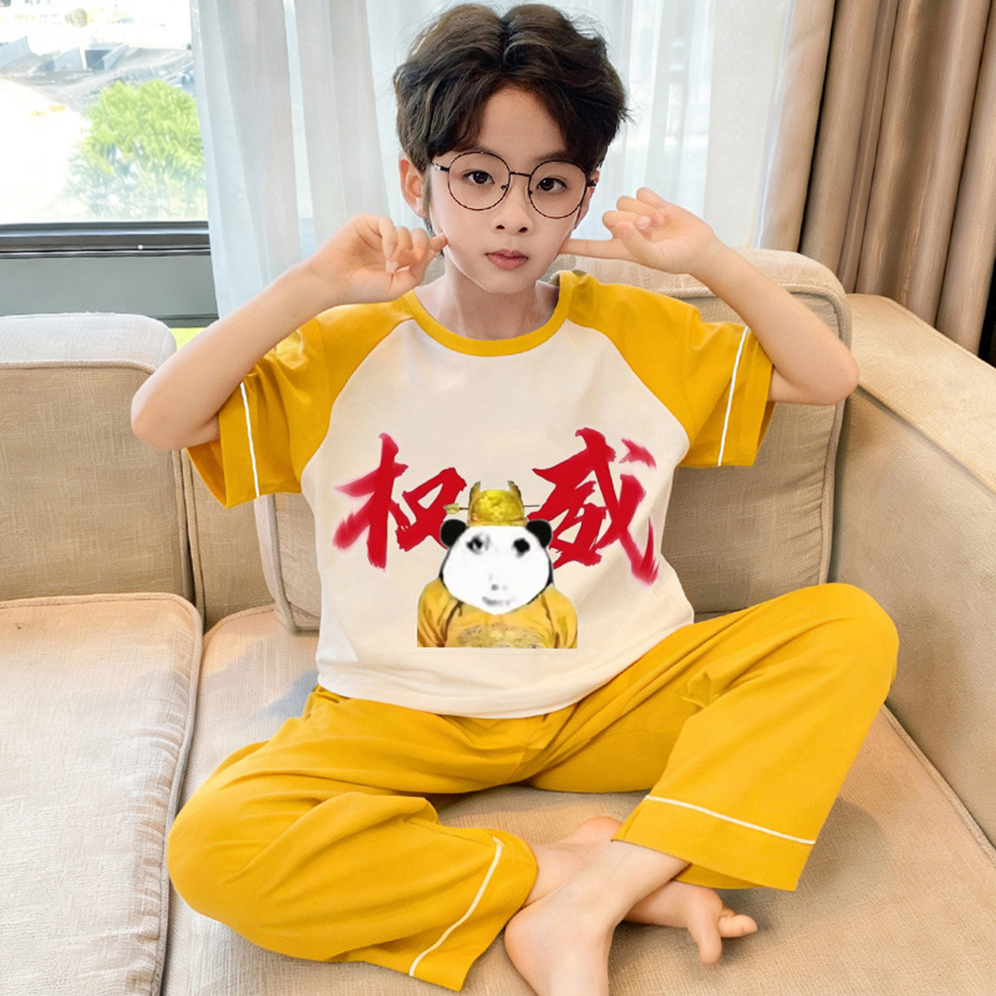 男童睡衣夏季纯棉权威抽象新款短袖长裤薄款男孩中大童儿童家居服 - 实物图