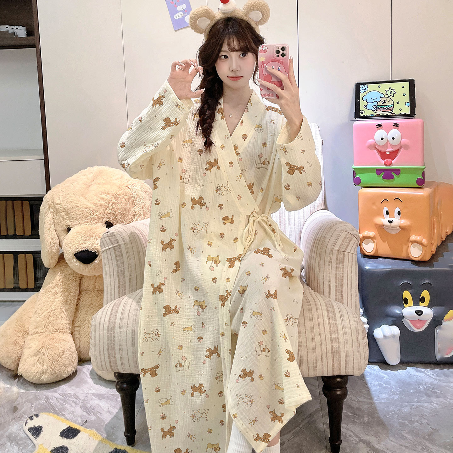 女款春秋纯棉长袖卡通薄款浴袍