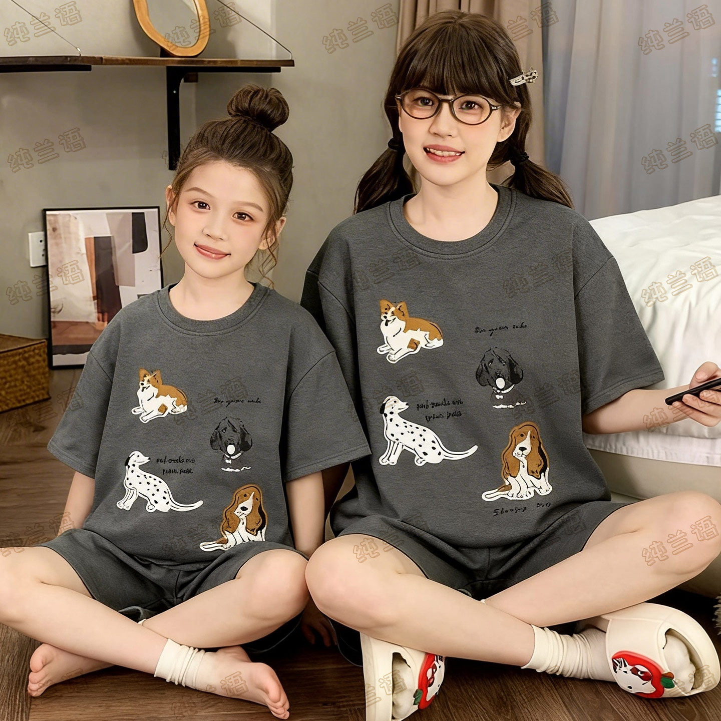 儿童睡衣女童短袖纯棉薄款夏装中大童卡通小狗宝宝母女装家居服