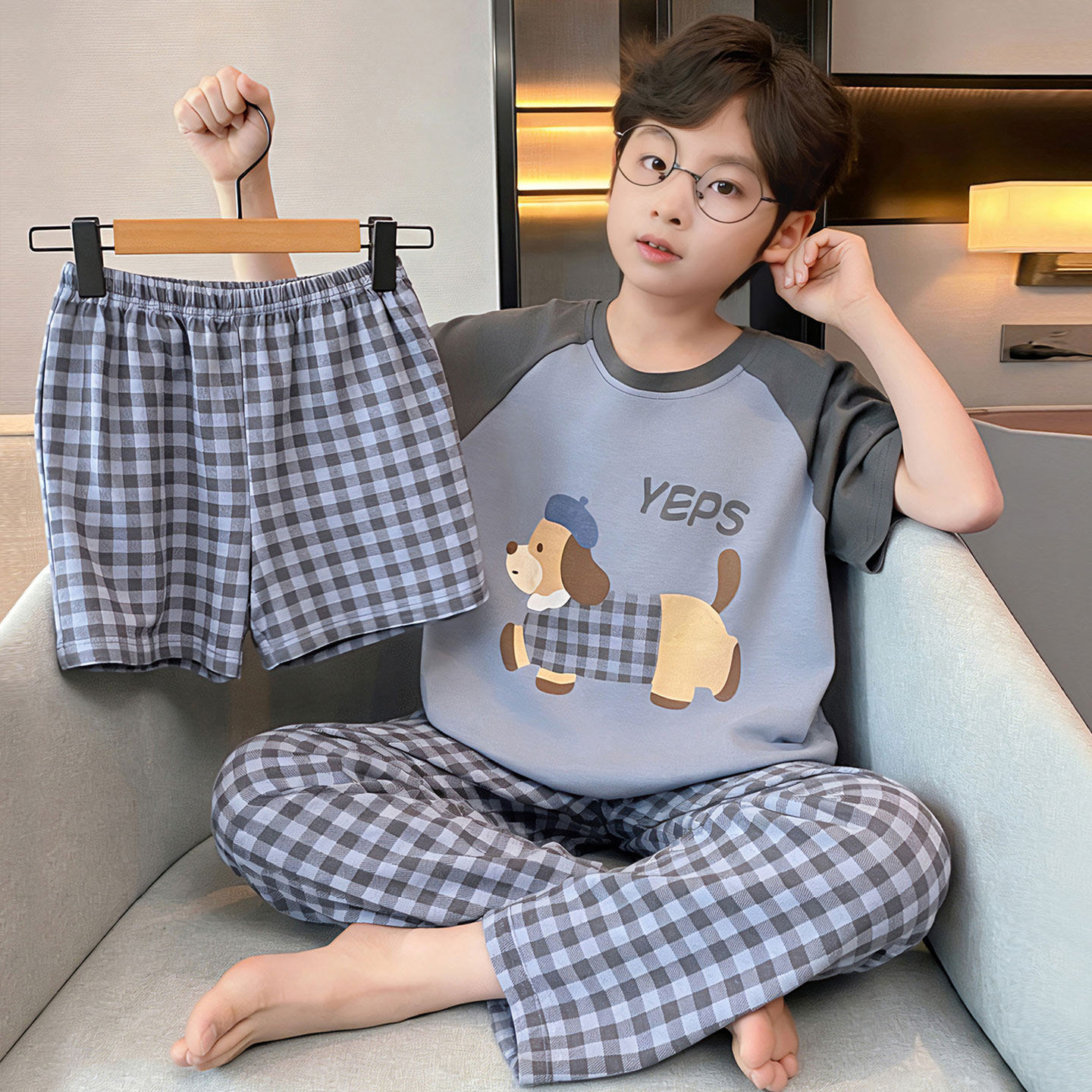 儿童睡衣男童春夏季纯棉短袖薄款卡通腊肠狗长裤三件套男孩家居服