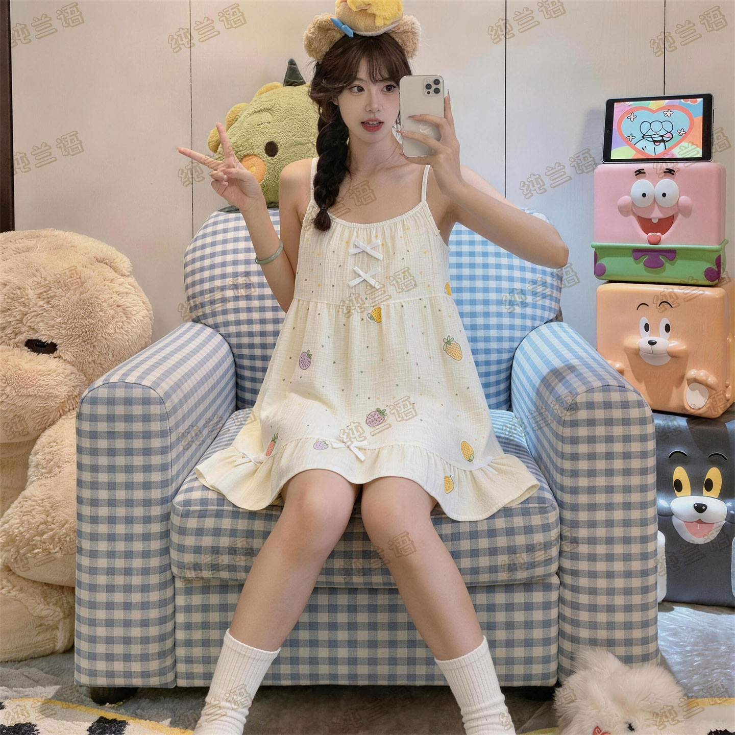 甜美夏季棉纱少女波点吊带睡裙