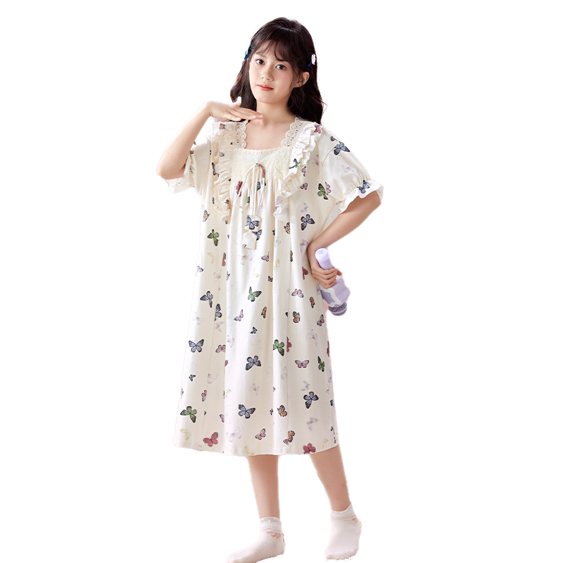 女童睡裙夏季短袖薄款睡衣带胸垫