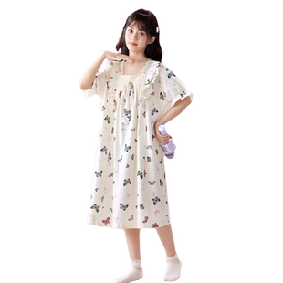 女童睡裙夏季短袖薄款大童女孩公主风带胸垫一体式防凸点儿童睡衣