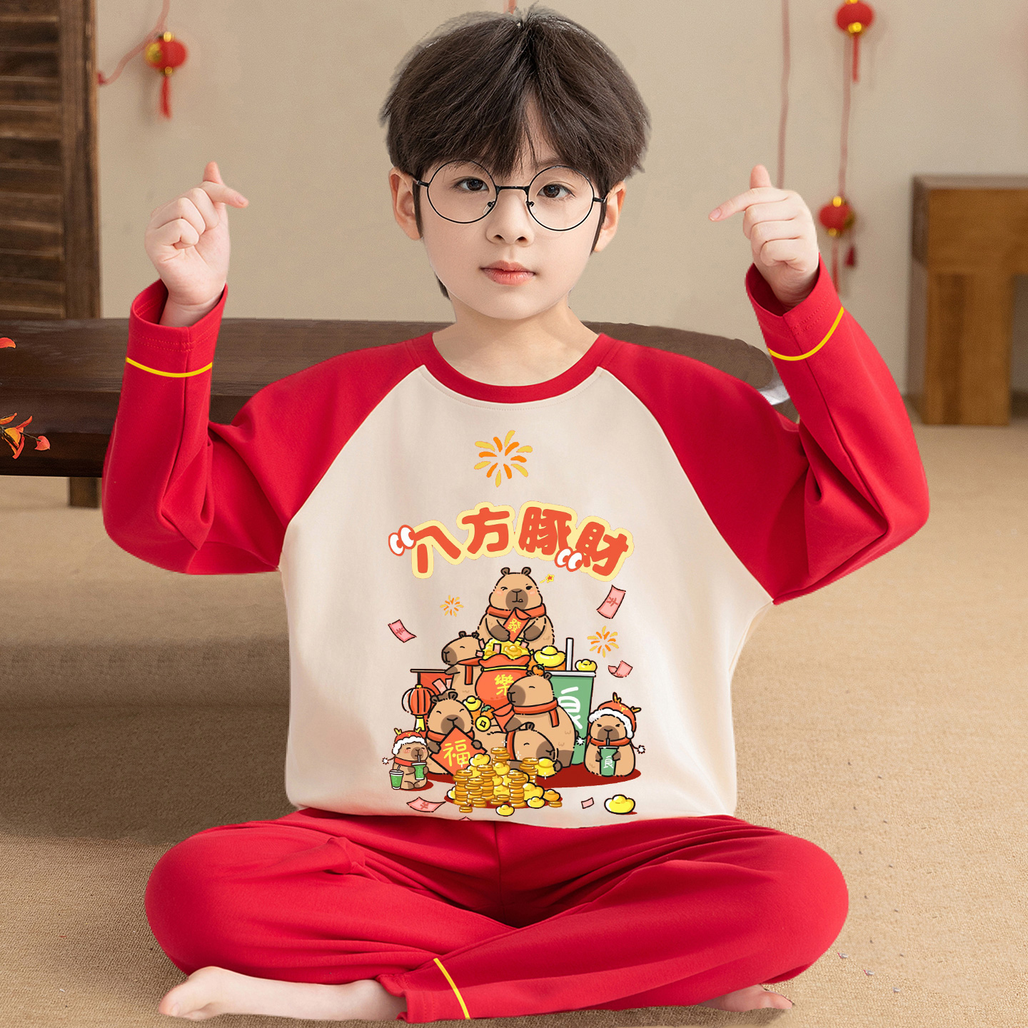 卡皮巴拉睡衣春秋纯棉红色家居服