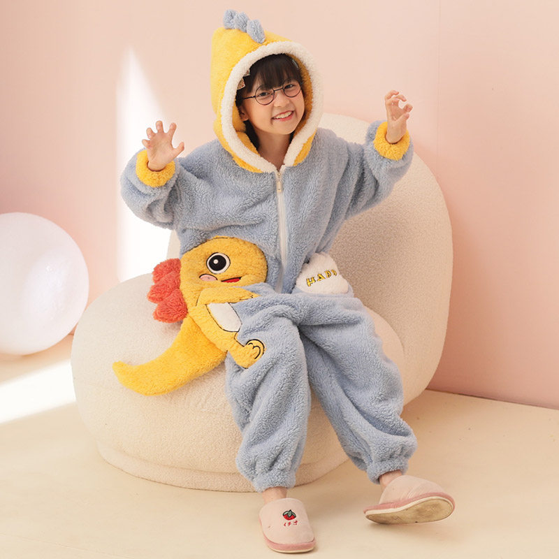 儿童恐龙连体睡衣卡通法兰绒女童家居服女孩珊瑚绒宝宝秋冬季爬服