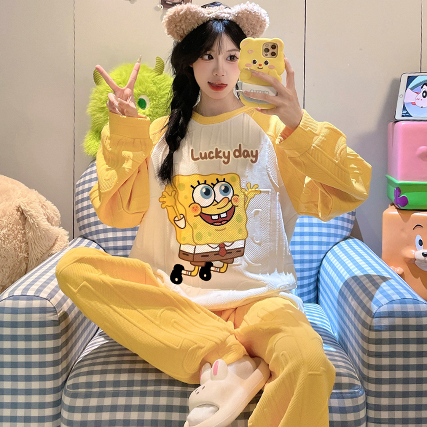海绵宝宝女款秋冬季夹层棉家居服