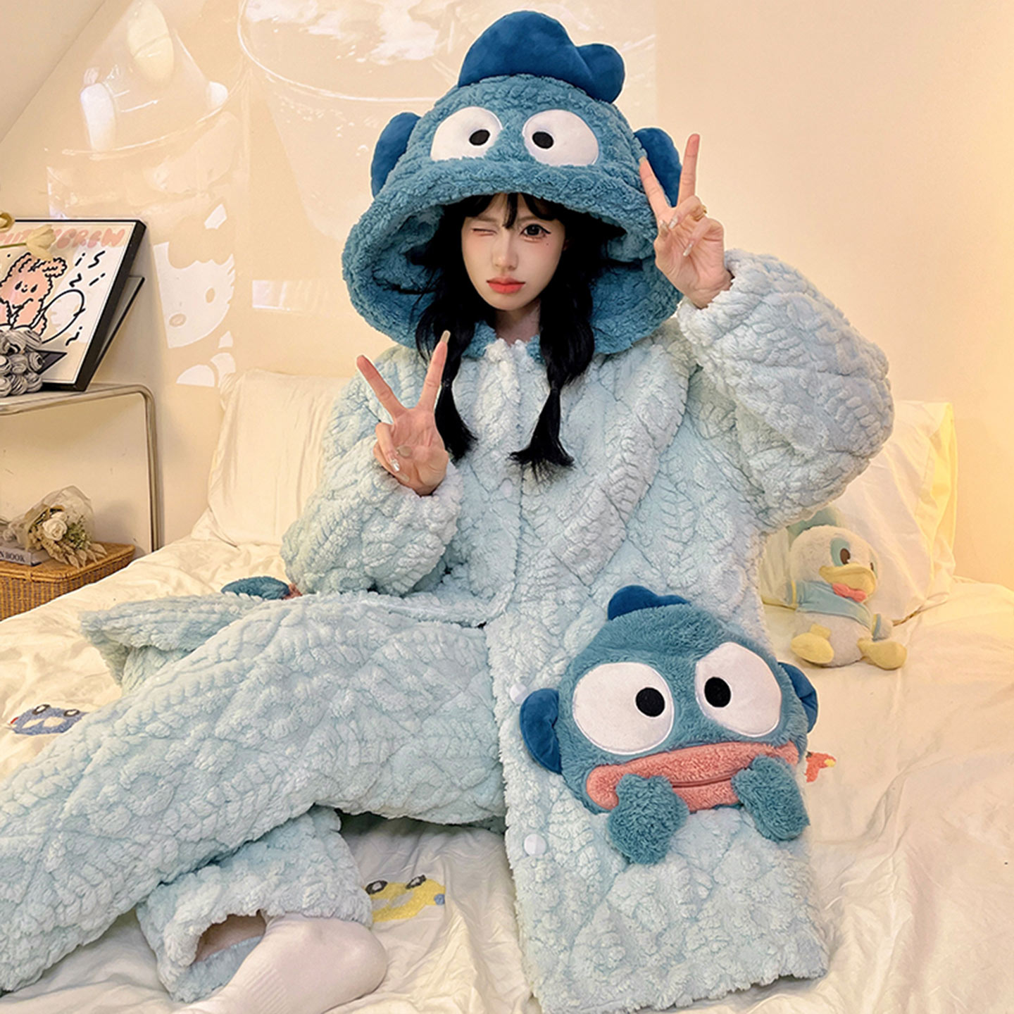 小丑鱼女款冬季三层夹棉睡袍套装