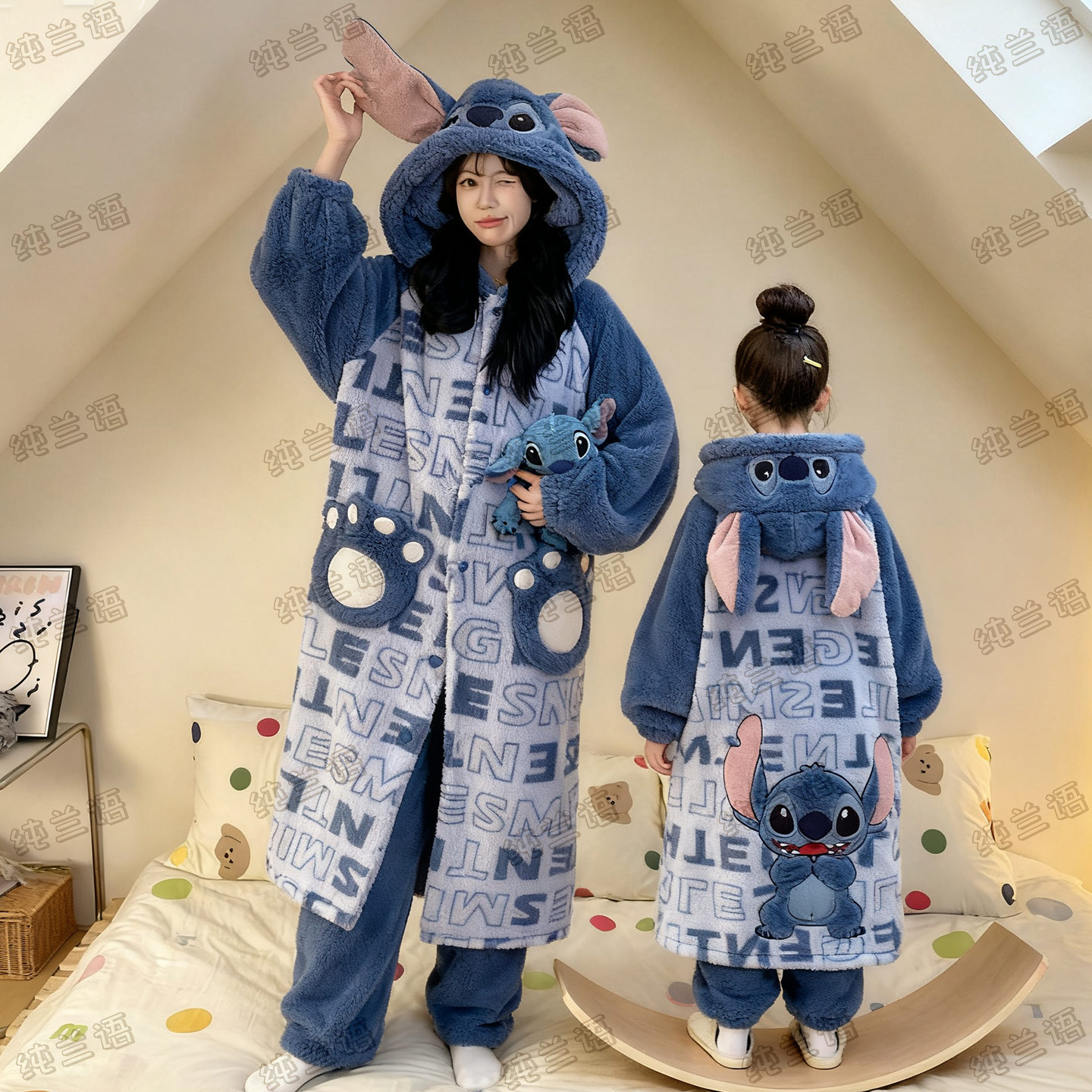母女秋冬季珊瑚绒史迪仔睡袍套装