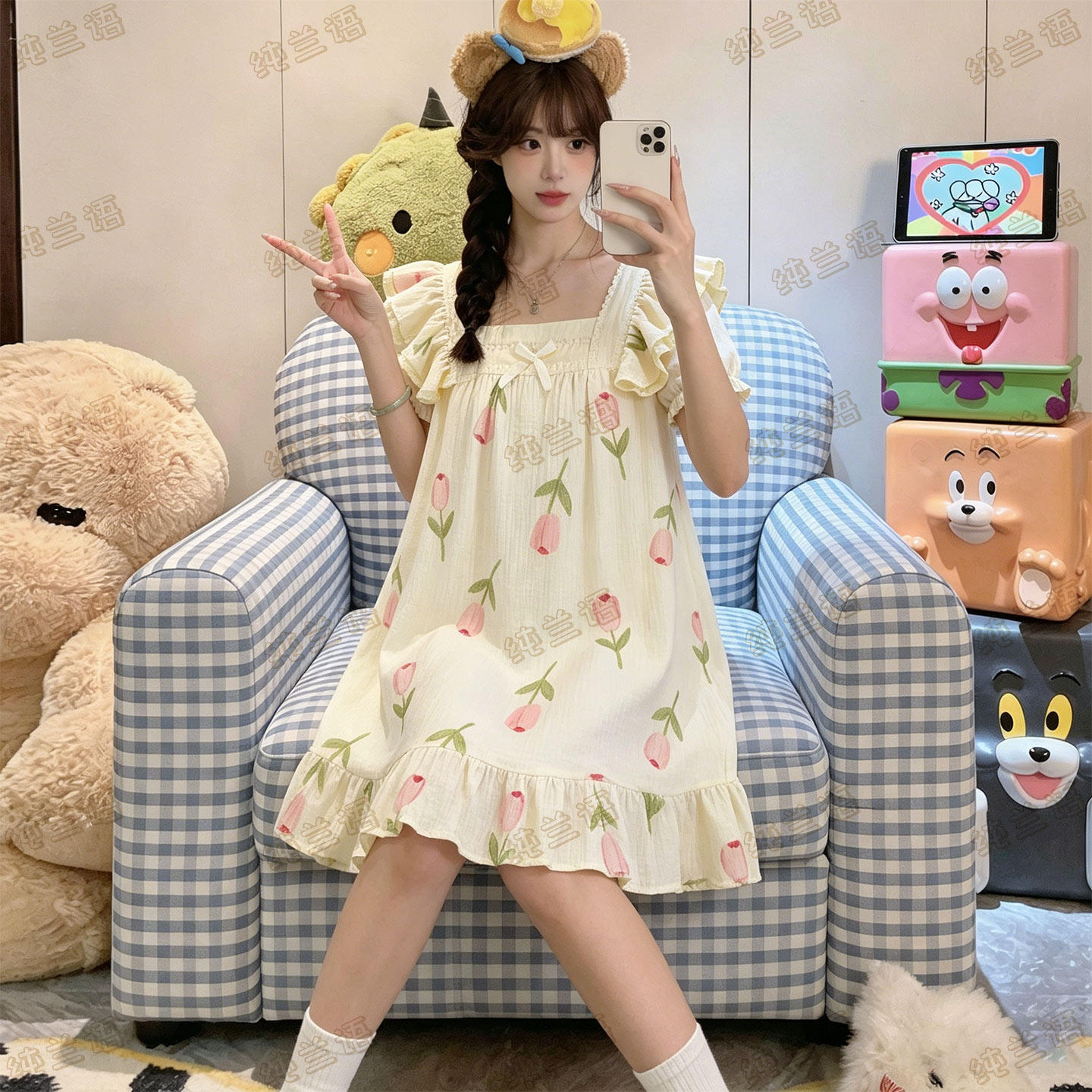 夏季女短袖棉纱可爱卡通学生睡裙