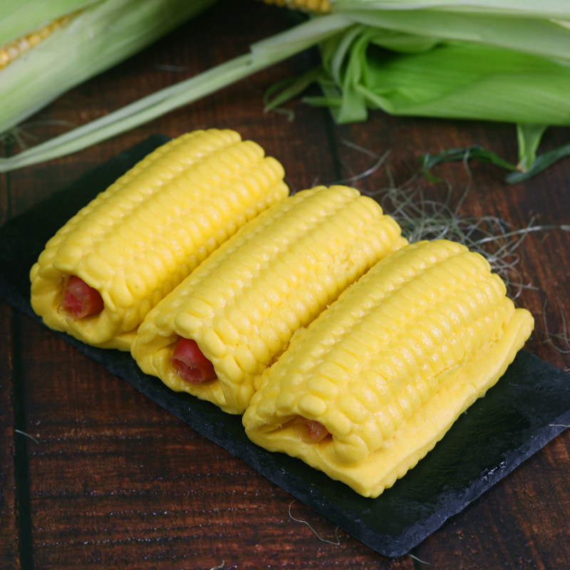 广式肠仔包子早餐店茶楼商用点心 传统手工馒头带热狗玉米卷6个装