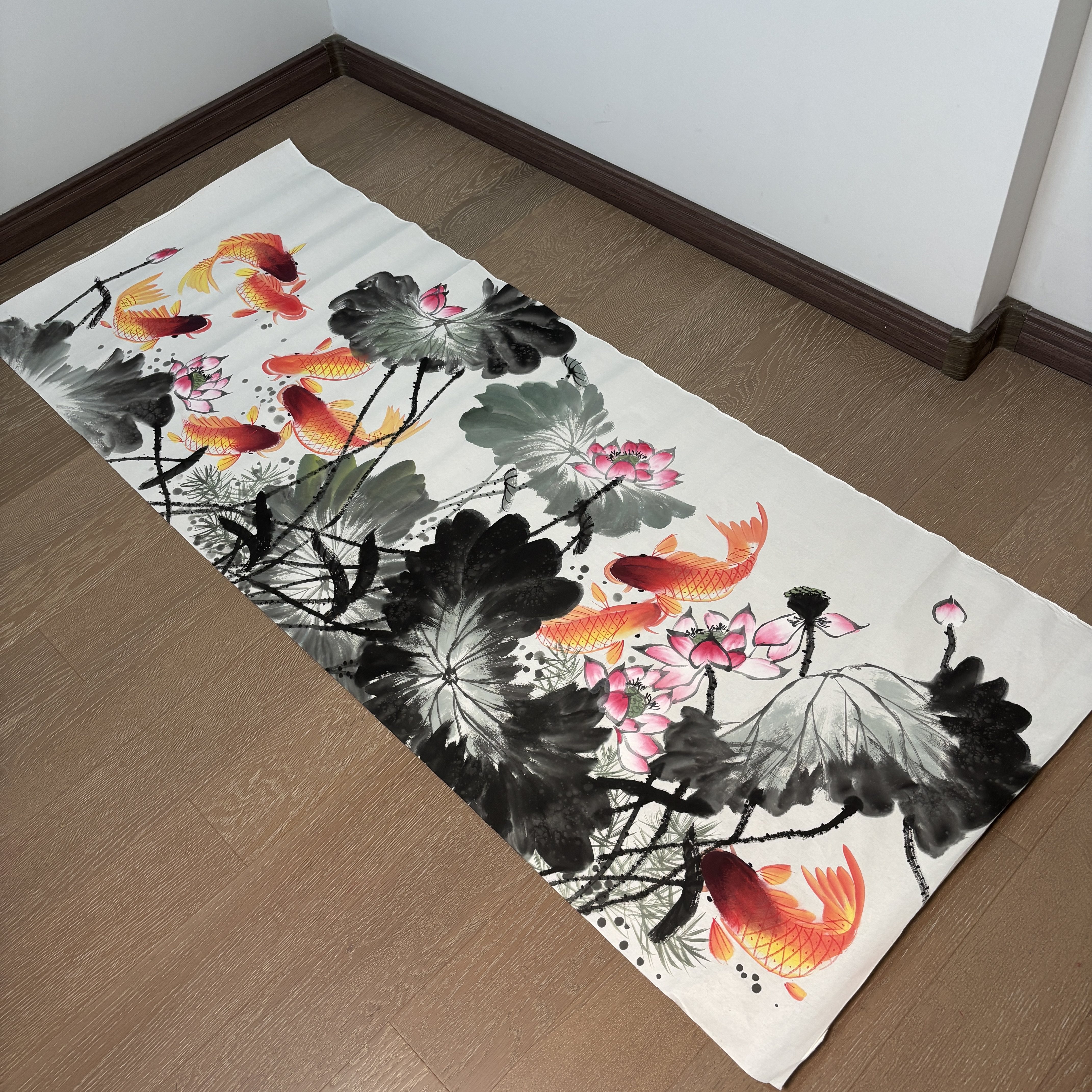 手绘国画荷花鱼纯手绘宣纸画芯国画