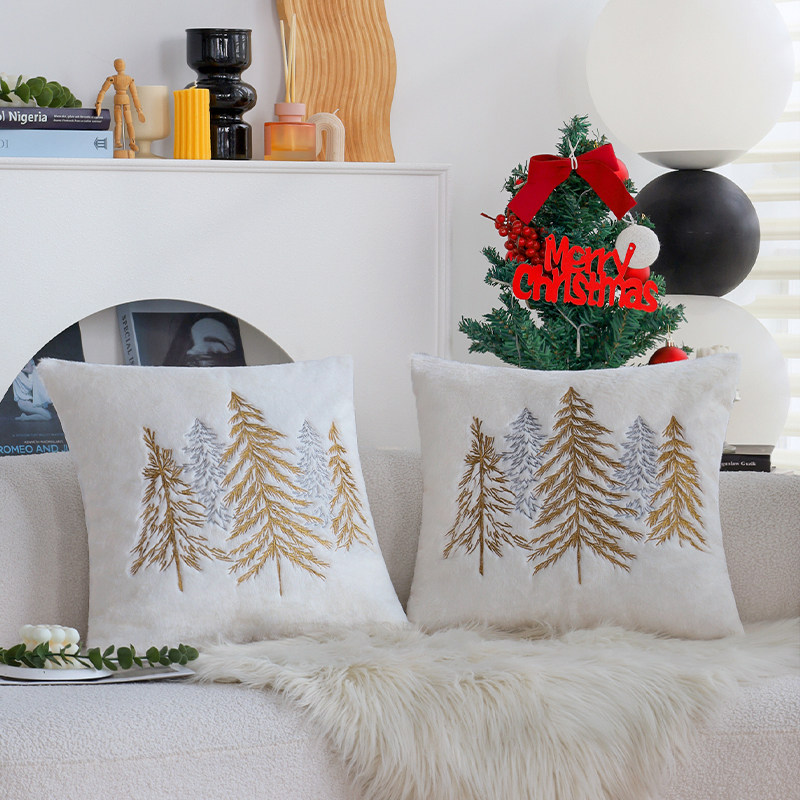 新中式圣诞树刺绣方形抱枕套