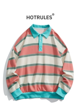HOTRULES美式复古条纹polo衫卫衣男女宽松休闲百搭情侣上衣