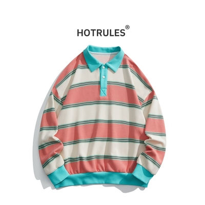 美式复古条纹polo衫卫衣男女