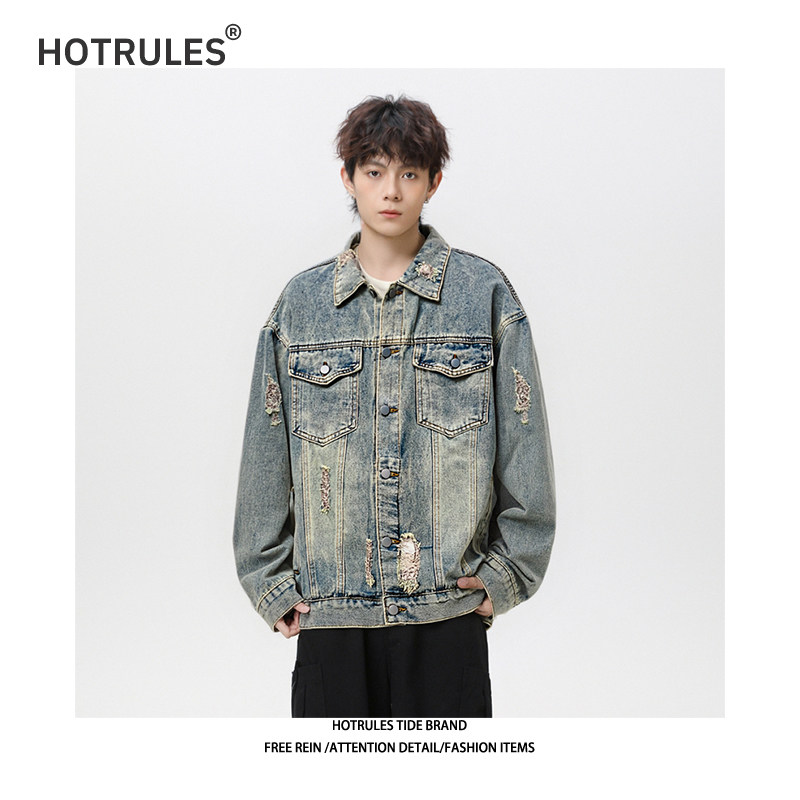 HOTRULES美式复古做旧破洞潮流牛仔夹克男女秋季小众宽松外套男生
