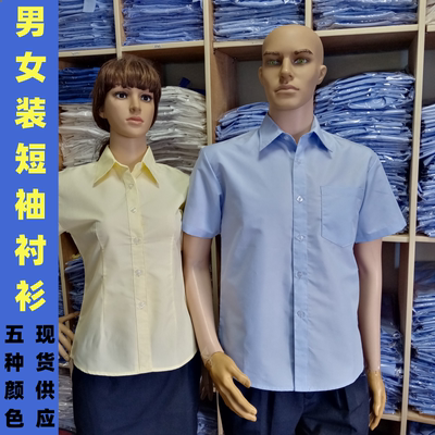 浅蓝男女士方领短袖衬衫厂服绣字