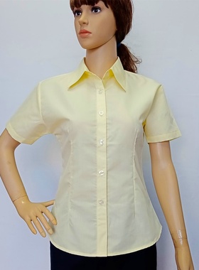 新款百搭短袖女士衬衫夏季修身黄色衬衣薄款工作服寸衣天蓝色工衣