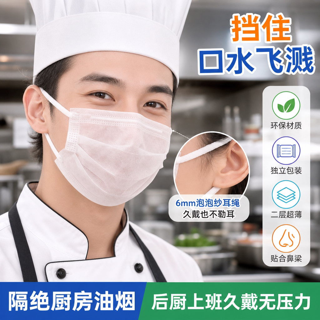 餐饮防飞沫透气一次性不勒耳口罩图片