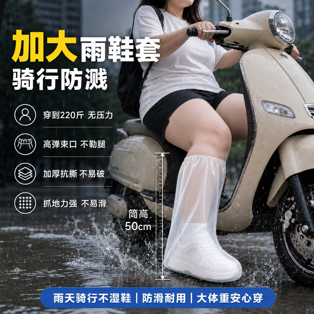 加大码女士骑行防滑防水高筒鞋套图片