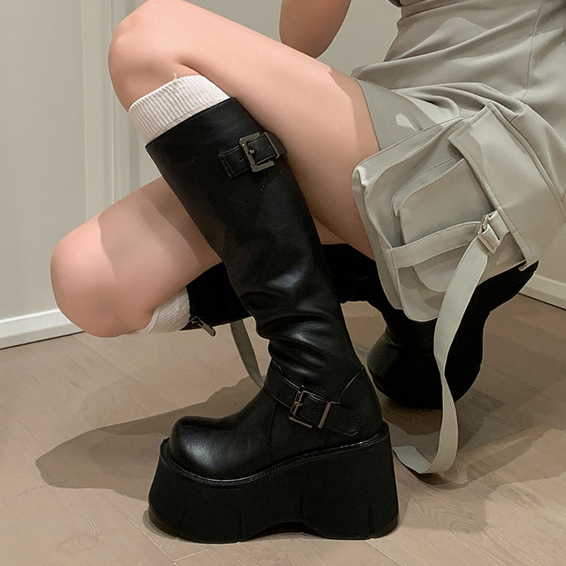 圆头高跟靴子小个子增高显瘦骑士靴女韩版女新款款黑色厚底长筒靴