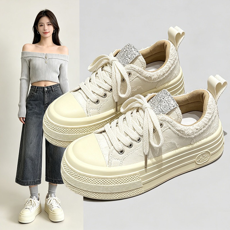 赵露思同款松糕厚底DIY帆布鞋女2026新款春秋笑脸挂饰小白鞋板鞋
