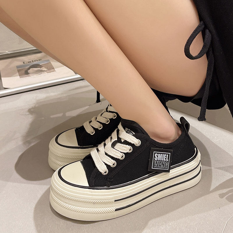 帆布半拖鞋女新款2026夏季外穿厚底增高休闲系带小白鞋女帆布鞋子