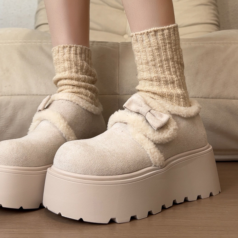 蝴蝶结厚底勃肯鞋女2026冬季新加绒保暖毛毛鞋百搭增高松糕底棉鞋,女鞋,棉鞋,淘宝优惠券,粉丝福利购,淘宝优惠卷