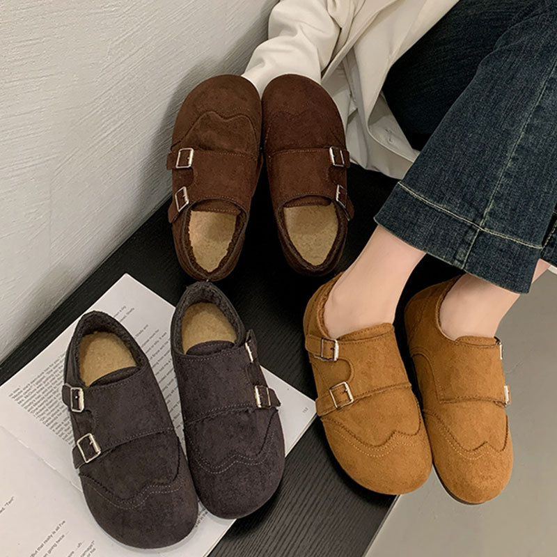 勃肯鞋女灰色毛呢秋冬新款搭扣休闲乐福鞋轻便内增高加绒舒适棉鞋