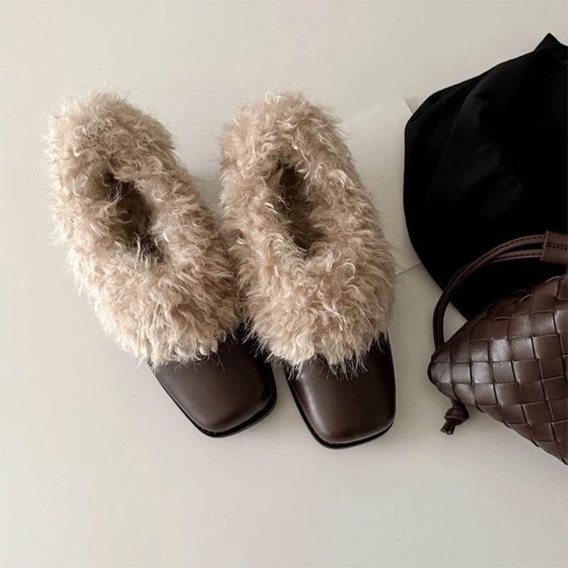 棉鞋粗跟休闲单鞋时尚方头毛毛鞋一脚蹬复古加绒保暖玛丽珍小皮鞋