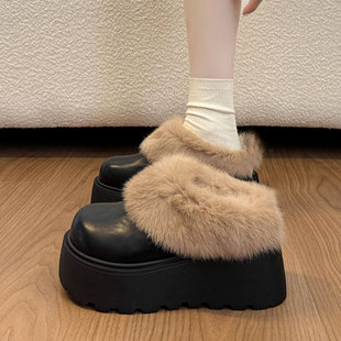 厚底增高勃肯鞋皮面包头半拖鞋女外穿2026新款秋冬加绒毛毛棉拖鞋