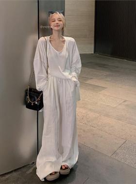 SHE ER白色长袖开衫上衣内搭背心女早春季套装亚麻高腰阔腿裤休闲