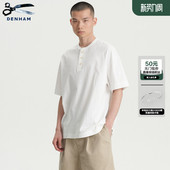 DENHAM日产阿依努风格 T恤男 刺绣白色棕色绿色亨利领短袖